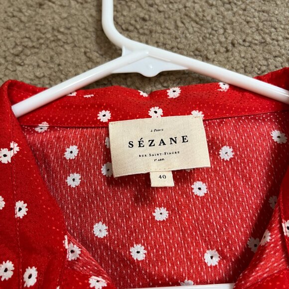 Sézane Red Silk Blouse w/ White Floral Print & Tie Bow | Size 40 (US 8/M) - Picture 7 of 10